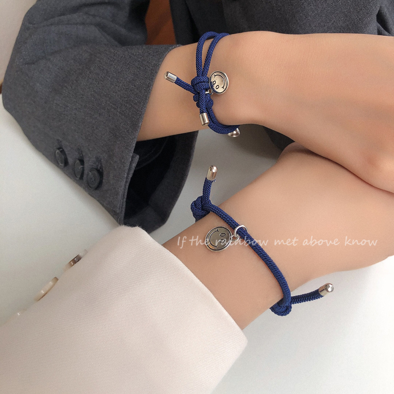 蓝色笑脸一对手链ins小众设计闺蜜手链女二人款编织手链情侣手绳