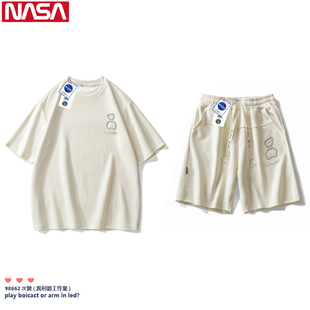 NASA联名休闲运动服套装男女夏季2024新款纯棉短袖短裤两件套情侣