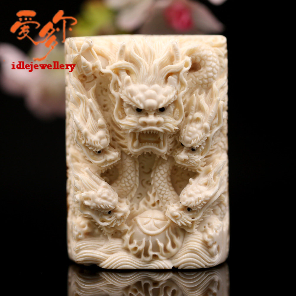 冰料保真猛犸象牙雕龙牌吊坠大师精雕五龙至尊满纹猛犸牙龙吊坠