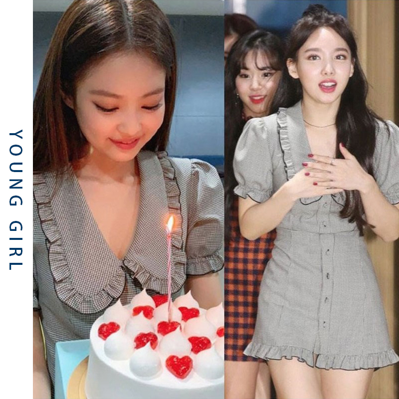 jennie金智妮同款娃娃领连衣裙女夏格子短裙复古法式泡泡袖裙子