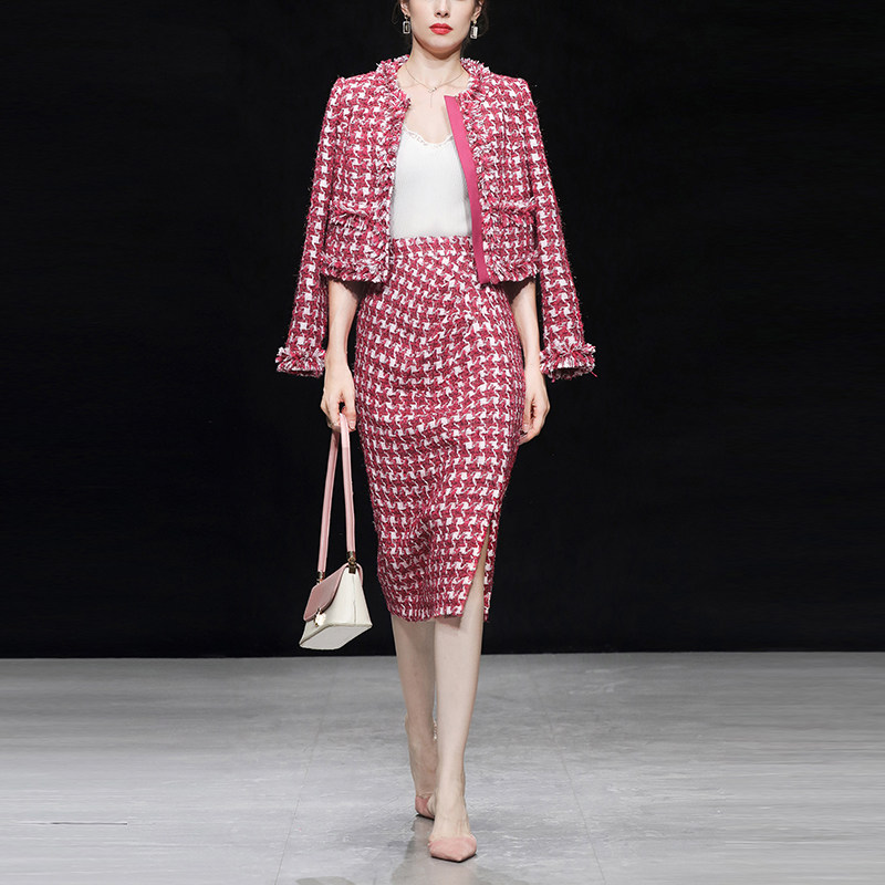 秋冬季女装2022新款时尚气质玫粉色粗花呢外套包臀裙长裙裙子套装