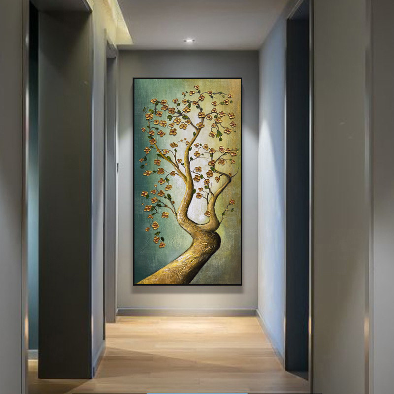 原创发财树纯手绘油画入户玄关装饰画竖版进门过道走廊客厅挂画