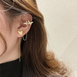 金色银针锆石蝴蝶流苏耳钉耳夹一体式高级时尚耳环2024新款耳饰