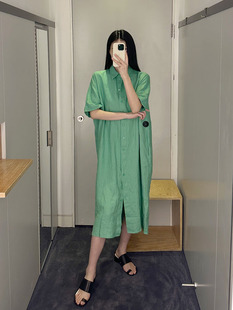 极简COS风休闲版型落肩系带亚麻衬衫绿色长裙24夏新通勤女连衣裙