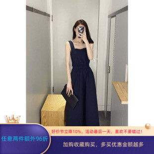 极简cos风藏青吊带漏后腰阔腿显高纯棉24夏新品女装背带连体裤