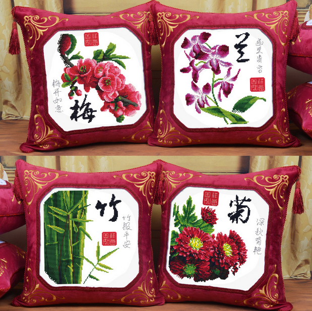 2018 Boutique printing Cross stitch Pillows Four a living room sofa automobile Flannel Cushion Merlin, bamboo and chrysanthemum Red winein the Home Fabric , Stitch & Tools Accessories , Cross Stitch Kit category - from Buy2taobao.com to provide professional Taobao agent buy service
