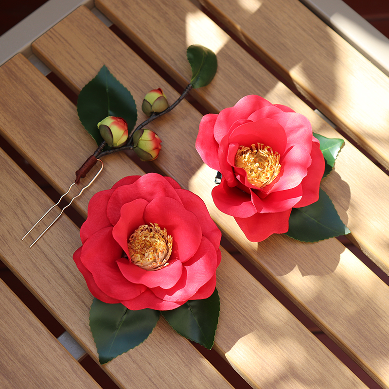 十二花神山茶花发夹汉服古风头饰唐风花朵发饰古装发簪绢花写真