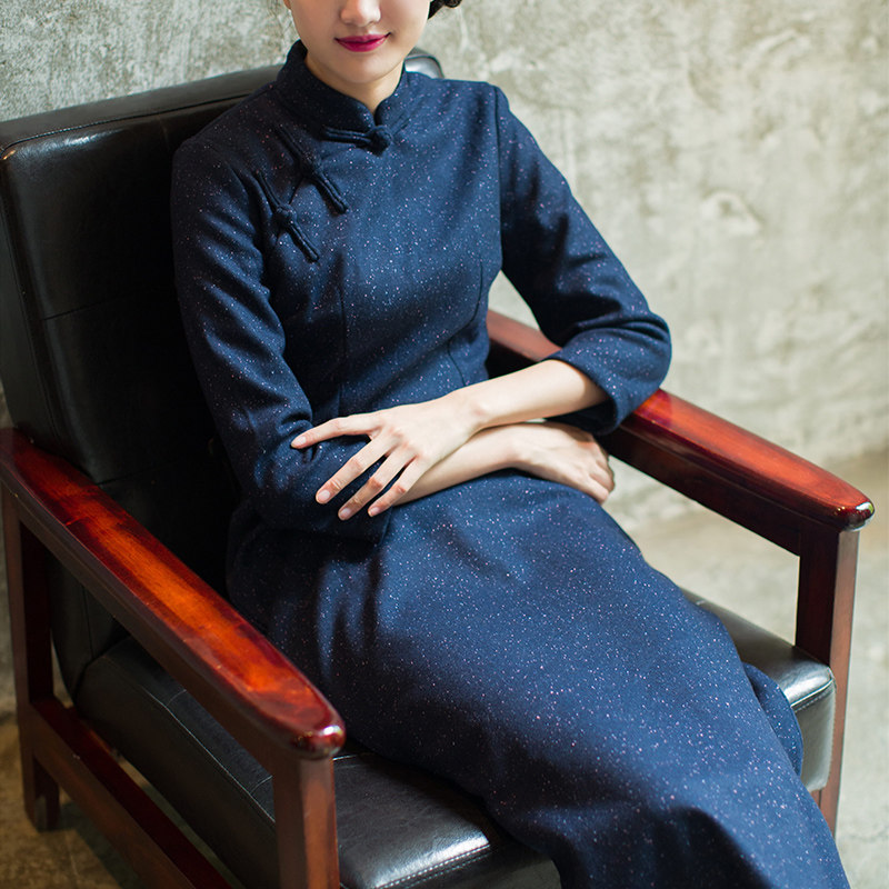 秋冬旗袍女长袖长款毛呢冬款加厚秋装民国风老上海中国风晟