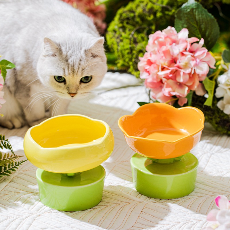 猫碗陶瓷花朵清新水碗高脚保护颈椎防
