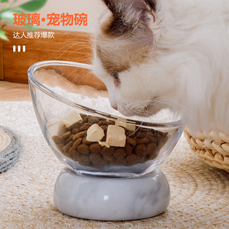 玻璃猫碗高脚碗防翻斜口猫食盆狗碗猫