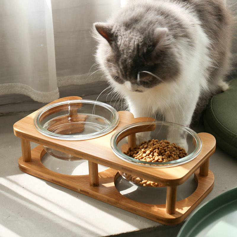 玻璃猫碗带碗架猫咪食盆猫粮碗狗盆饮