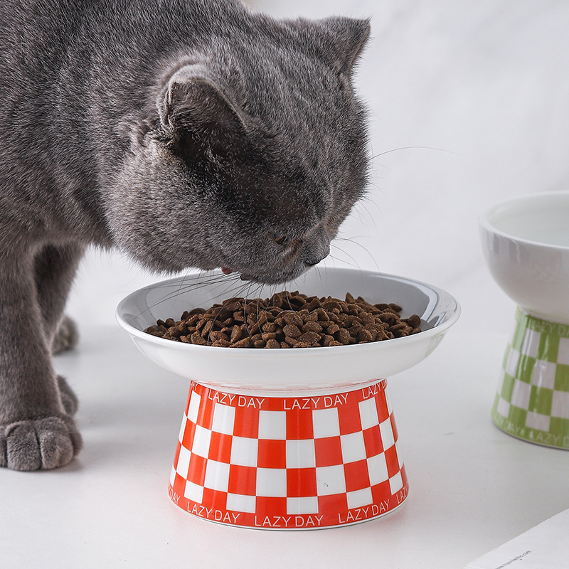 猫碗陶瓷日式棋盘格猫咪护颈猫粮碗喝