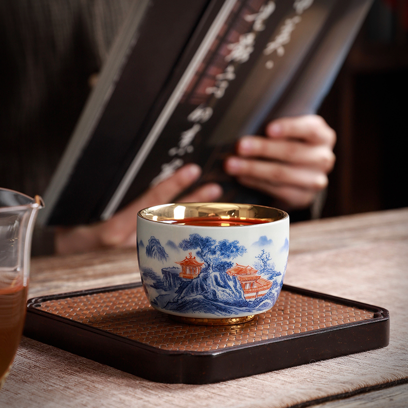 茶具茶杯鎏金主人杯礼盒装单杯个人杯山水画建盏茶盏杯子高端轻奢