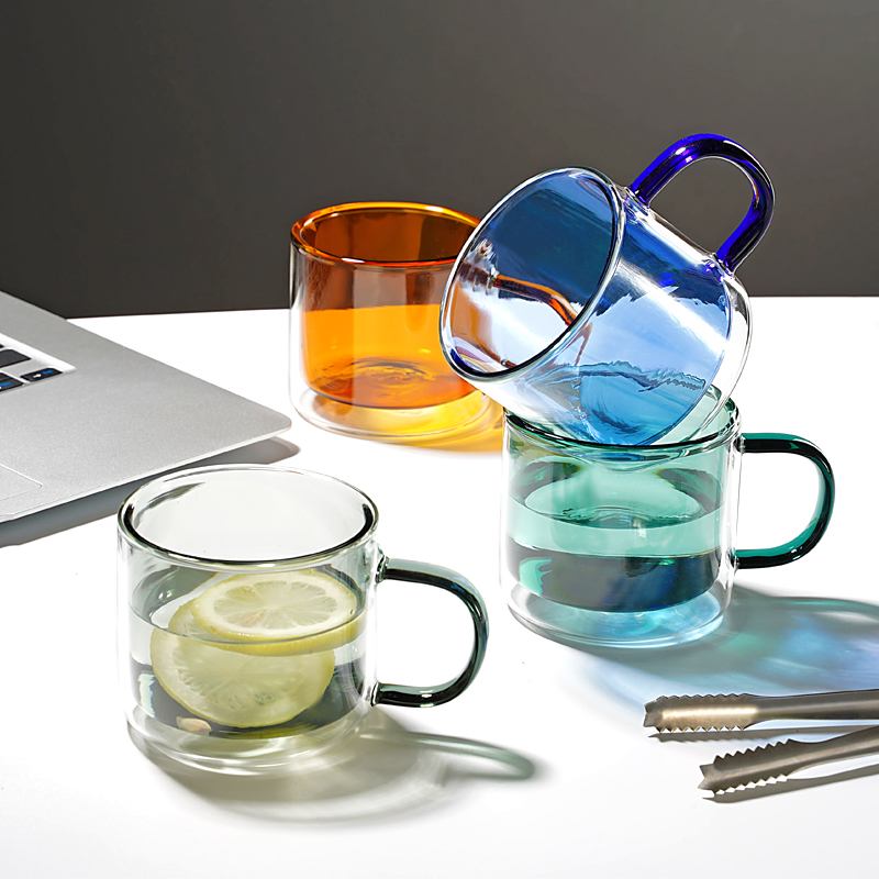 双层玻璃咖啡杯 彩色带把喝水玻璃杯 耐热双层防烫水杯家用泡茶杯
