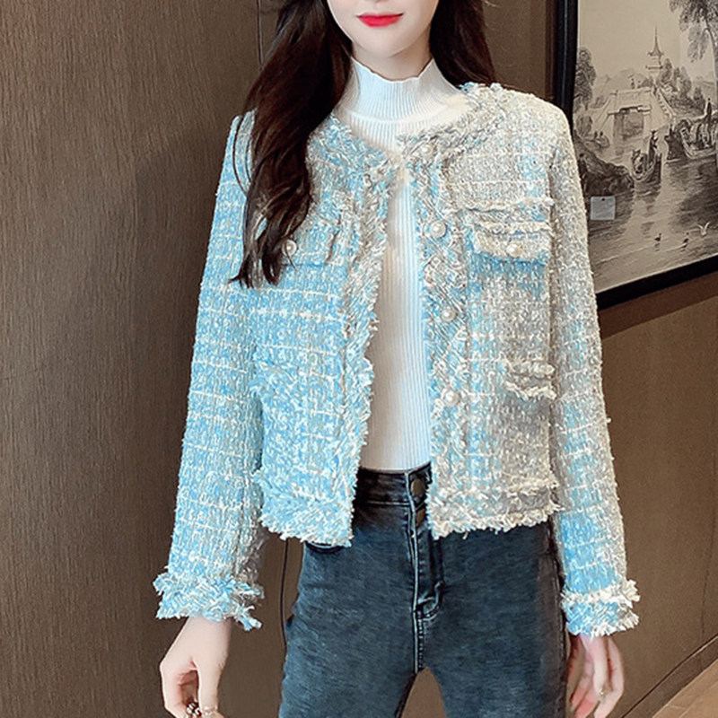 欧阿玛施旗2022春装新款气质百搭圆领格子开衫上衣小香风短外套女