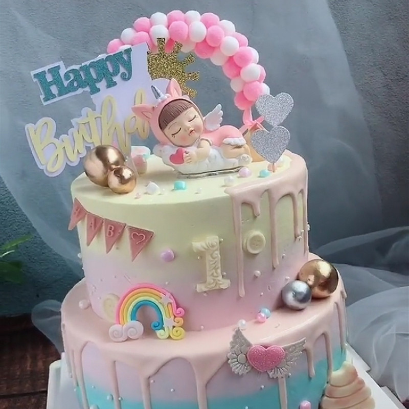 蛋糕装饰梦幻天使独角兽摆件毛球拱门彩虹插件女宝宝周岁生日装扮