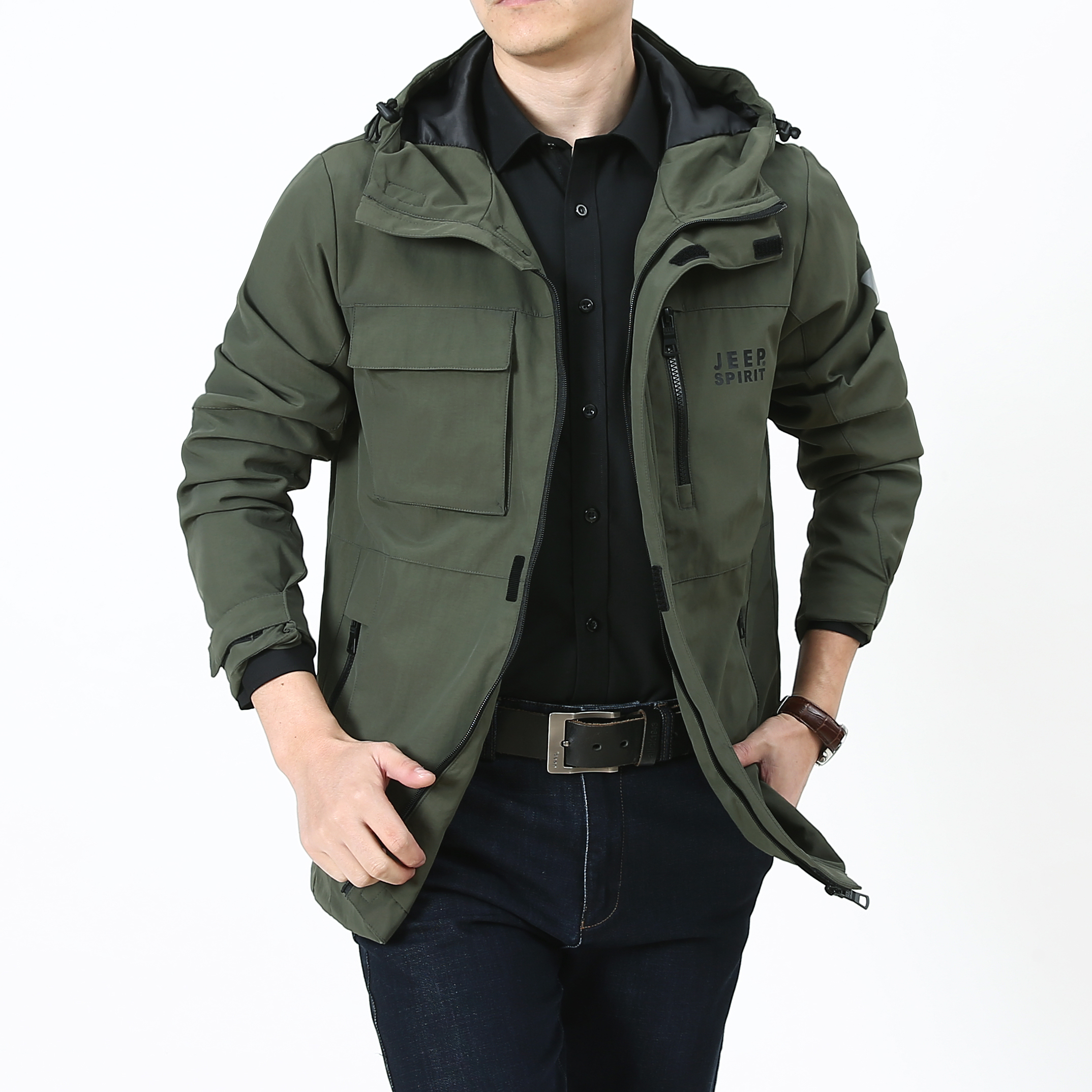 jeep吉普外套男中长款多口袋宽松休闲速干户外运动上衣男装夹克衫