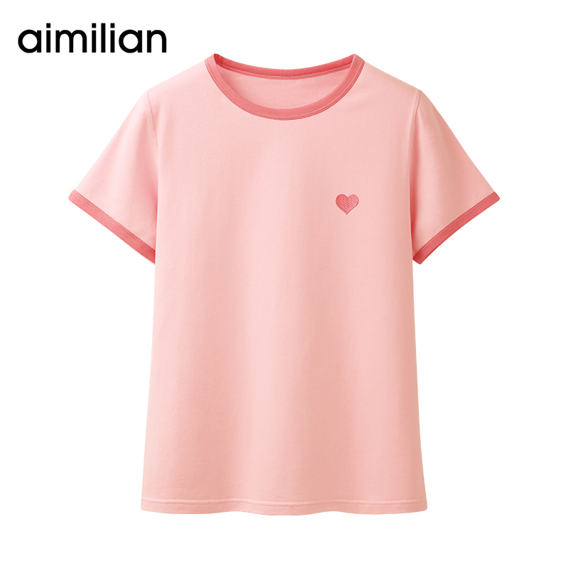 艾米恋纯棉撞色短袖t恤女夏季爱心刺绣粉色体恤正肩半袖修身上衣