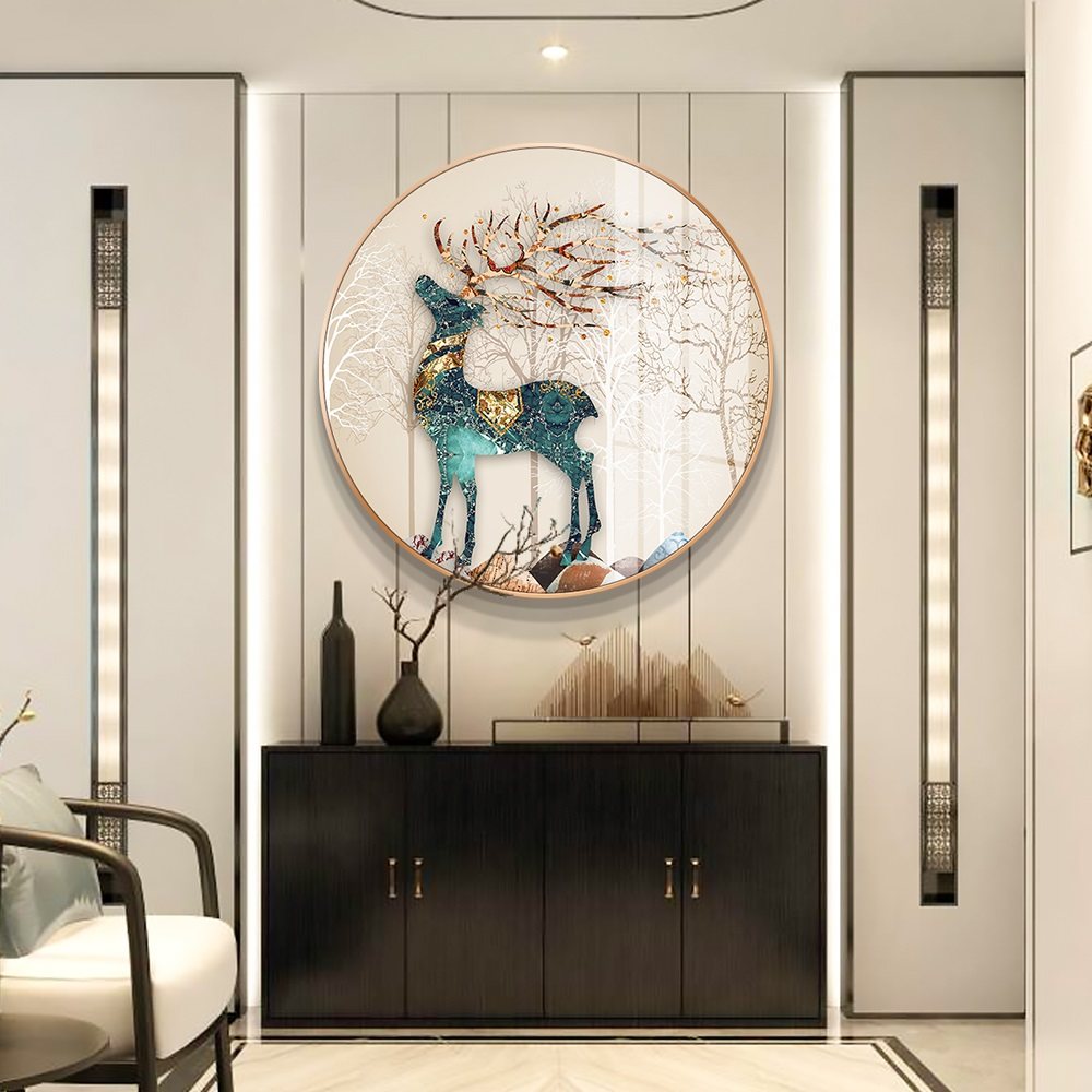 发财鹿玄关圆形装饰画轻奢招财客厅背景墙壁画新中式餐厅饭桌挂画