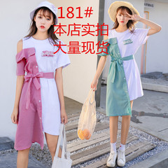 2018夏季新款韩版小清新宽松学生不规则格子拼接收腰短袖连衣裙