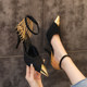 YSLL链条高跟鞋2023春大东新款设计感小众尖头细跟黑色性感单鞋女