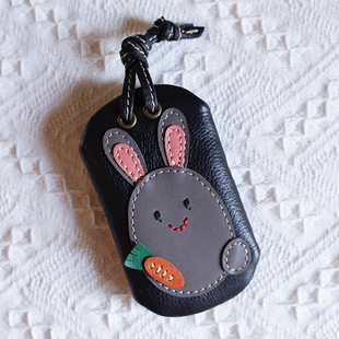 新款手工牛皮可爱卡通小兔子钥匙包真皮抽拉式家用汽车钥匙收纳包