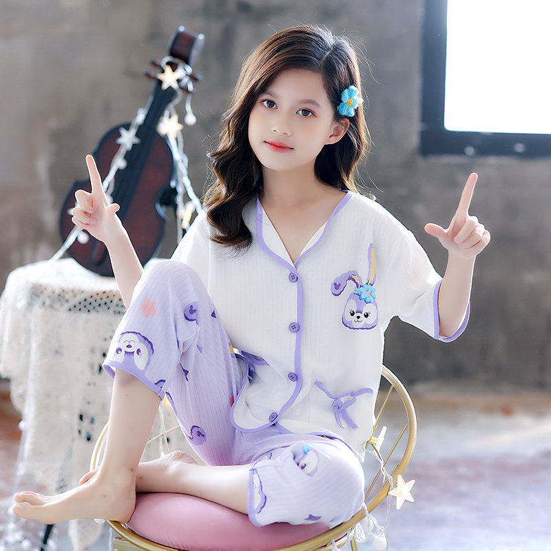 女童纯棉睡衣夏季薄款短袖长裤可爱洋气儿童夏装公主风女孩家居服