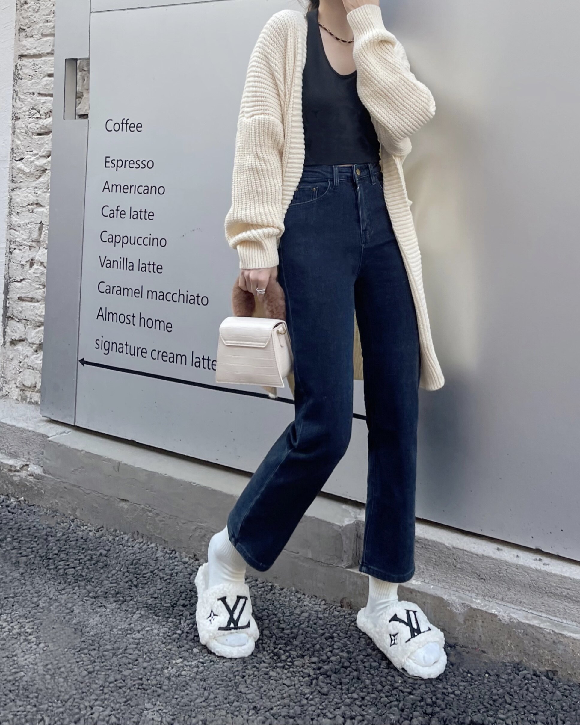 实拍~秋冬新款抓绒保暖弹力直筒烟管裤牛仔裤女高腰显瘦九分裤2色