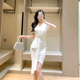 高端名媛连衣裙夏季新款白裙气质女神范V领短袖修身小个子包臀裙