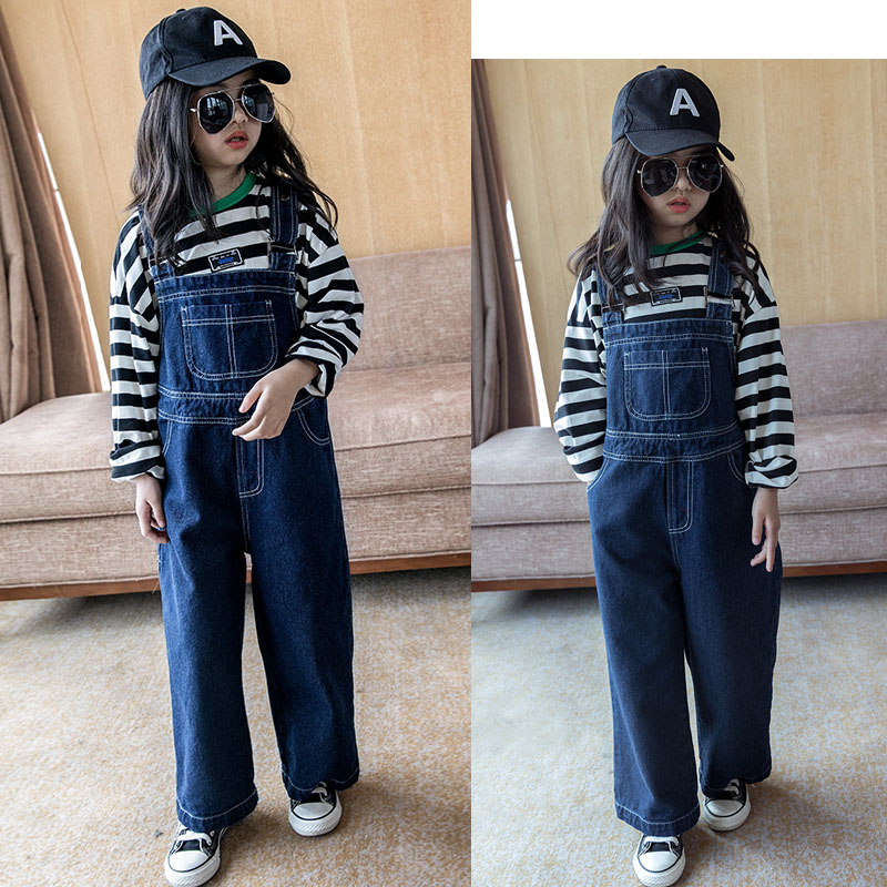 女童牛仔背带裤春秋2021新款韩范中大童宽松洋气直筒时尚阔腿长裤