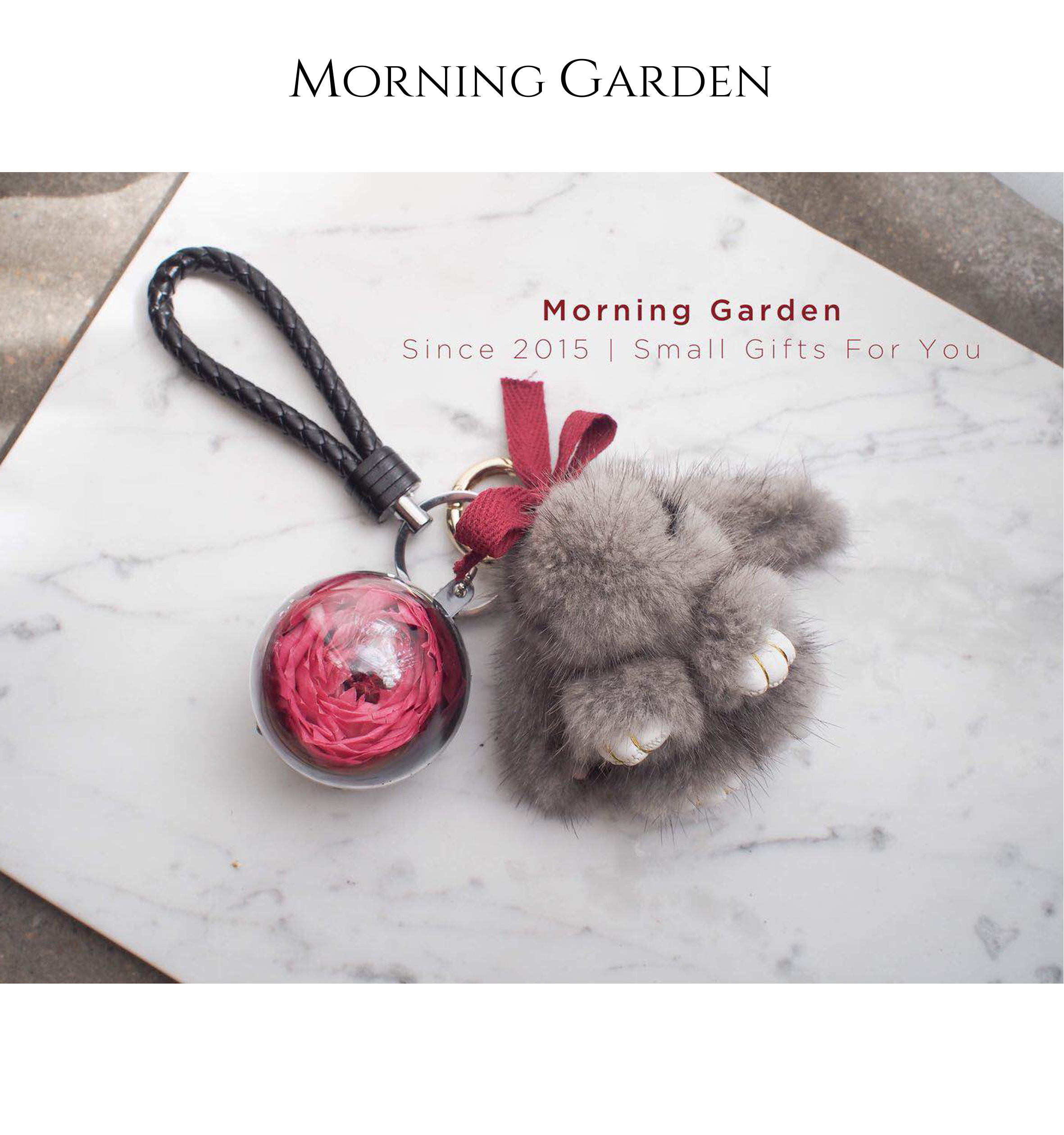 Morning Garden进口水貂毛小兔永生花钥匙圈手机挂件永生花钥匙扣