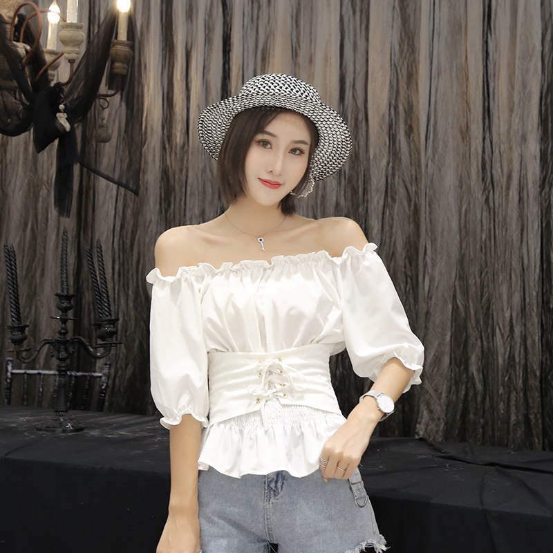 心机露肩短袖拼接吊带衬衫女夏装2022新款设计感蝴蝶结绑带衬衣潮