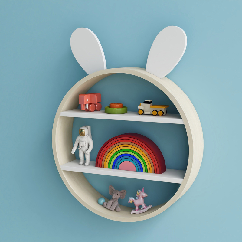 巴然实木儿童墙上置物架圆形墙面玩具收纳架儿童房壁挂装饰