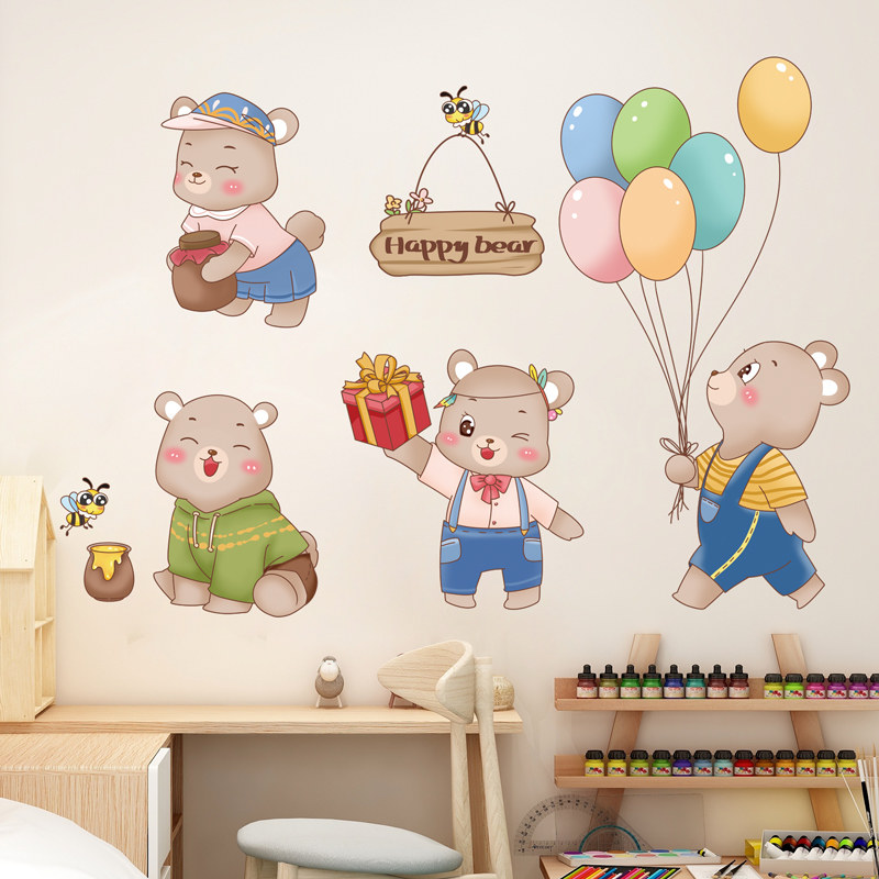 卡通快乐熊贴纸儿童房幼儿园教室装饰自粘墙贴画可移除墙画壁纸