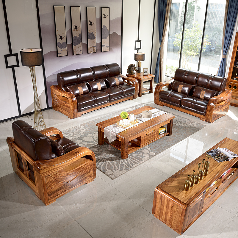 乌金木沙发现代中式实木沙发组合简约客厅实木真皮沙发乌金木家具