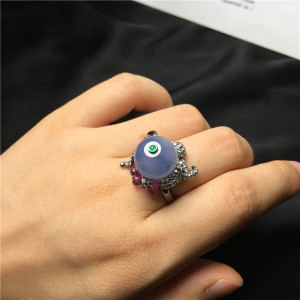 指上翠翡翠冰种紫罗兰珠子戒指女18k金镶嵌天然正品翡翠特色戒指