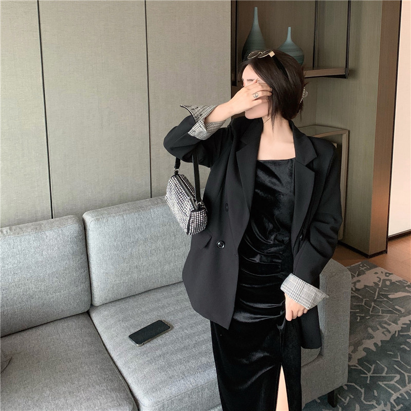 实拍 实价q293法式性感开叉吊带金丝绒连衣裙 宽松显瘦西装外套