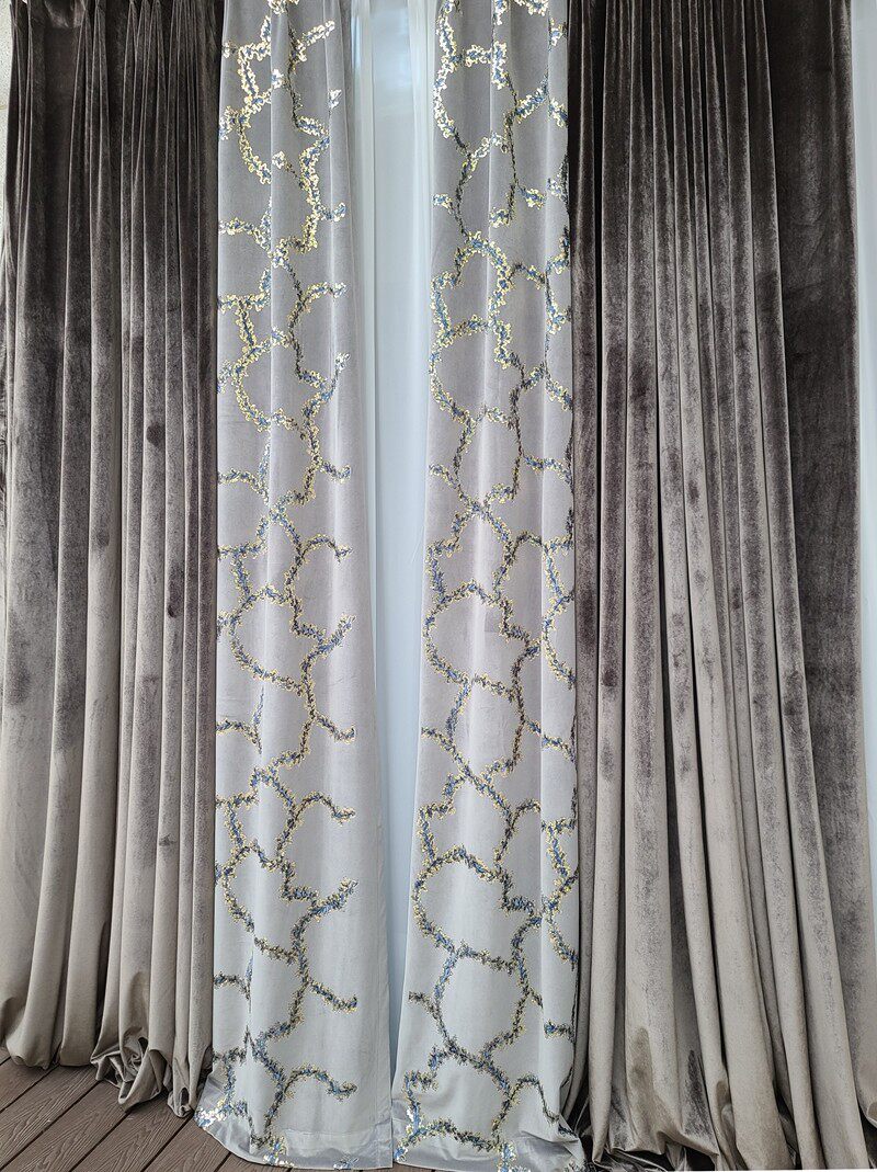 意式轻奢现代感空间样板房别墅高端极简个性进口绒布刺绣客厅窗帘