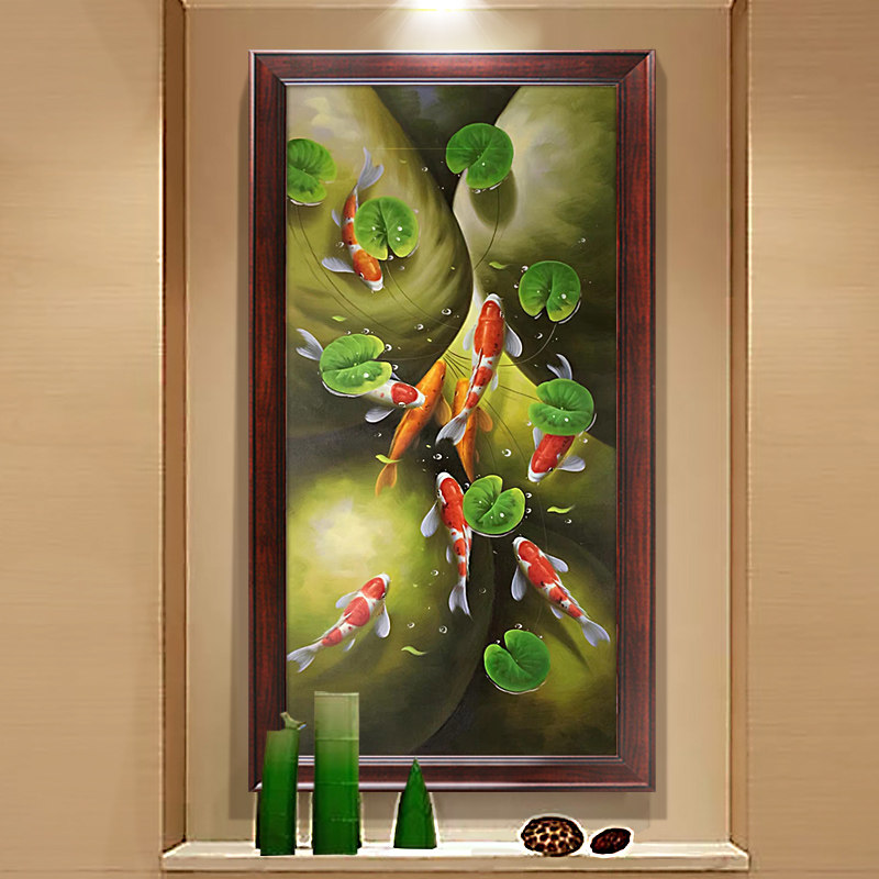 九鱼图风水招财墙画竖版轻奢w大气客厅挂画新中式玄关装饰画九条