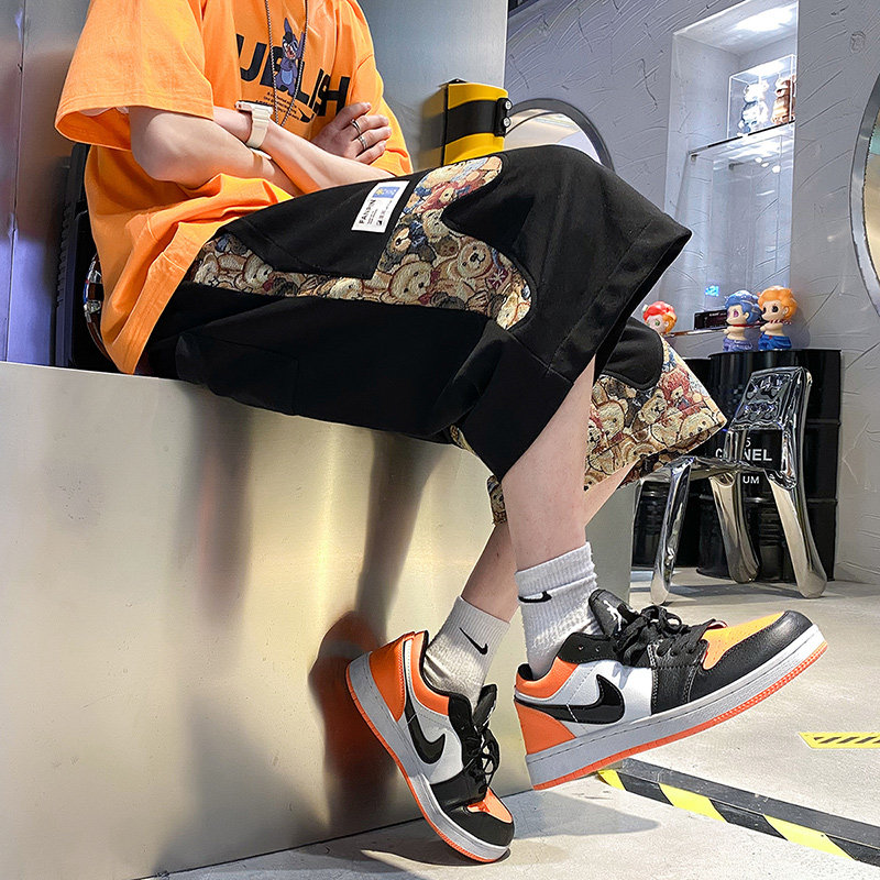 夏季港风拼接bf潮流百搭大码短裤子男学生运动休闲aj1搭配裤子潮