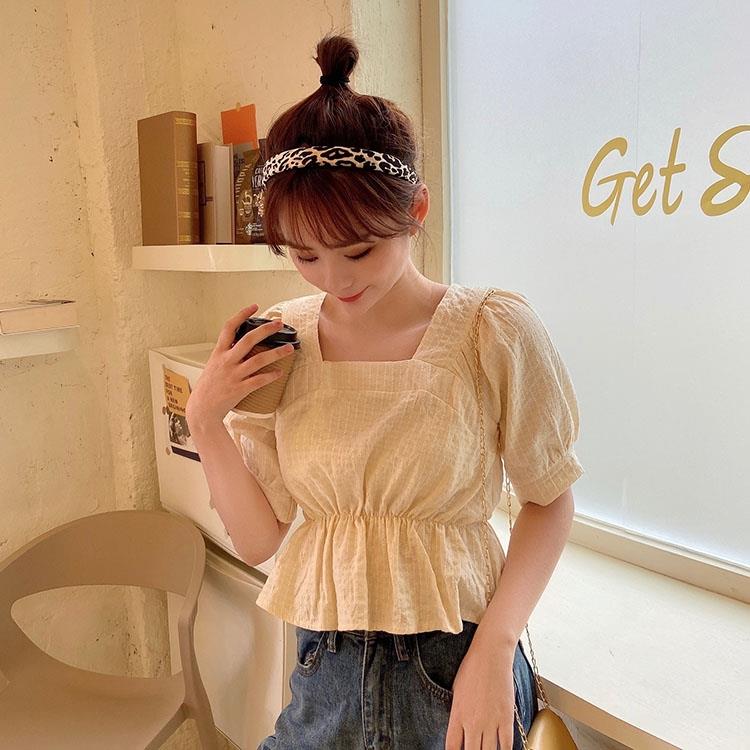 Women's short-sleeved shirt 2020 summer new pattern Korean Edition Western style Self cultivation Waist have cash less than that is registered in the accounts Exposed collarbone square neck jacket studentin the Women's clothing/Boutique , Shirt category - from Buy2taobao.com to provide professional Taobao agent buy service
