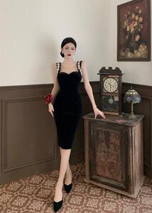 Diamond velvet sexy little black dress with suspenders dress