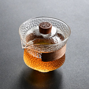 木片防烫玻璃盖碗茶杯锤纹茶碗个人专用单个手抓壶绿茶泡茶器日式