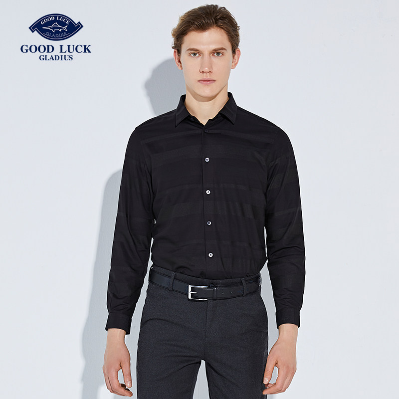 德鲨2020秋冬新款长袖衬衫男中青年时尚弹力休闲男装衬衣l291132