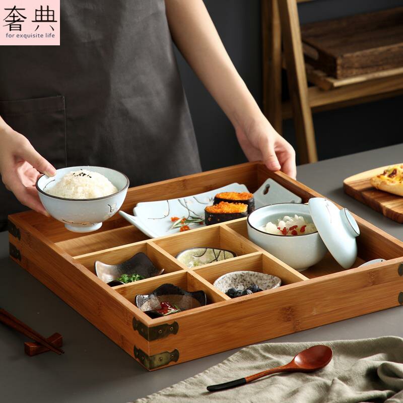 六宫格果盘日式创意多格餐具木质陶瓷组合餐盘餐厅用木盒子分格多