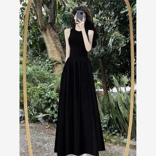 法式黑色长款连衣裙2024新款夏季无袖收腰赫本风背心吊带显瘦长裙