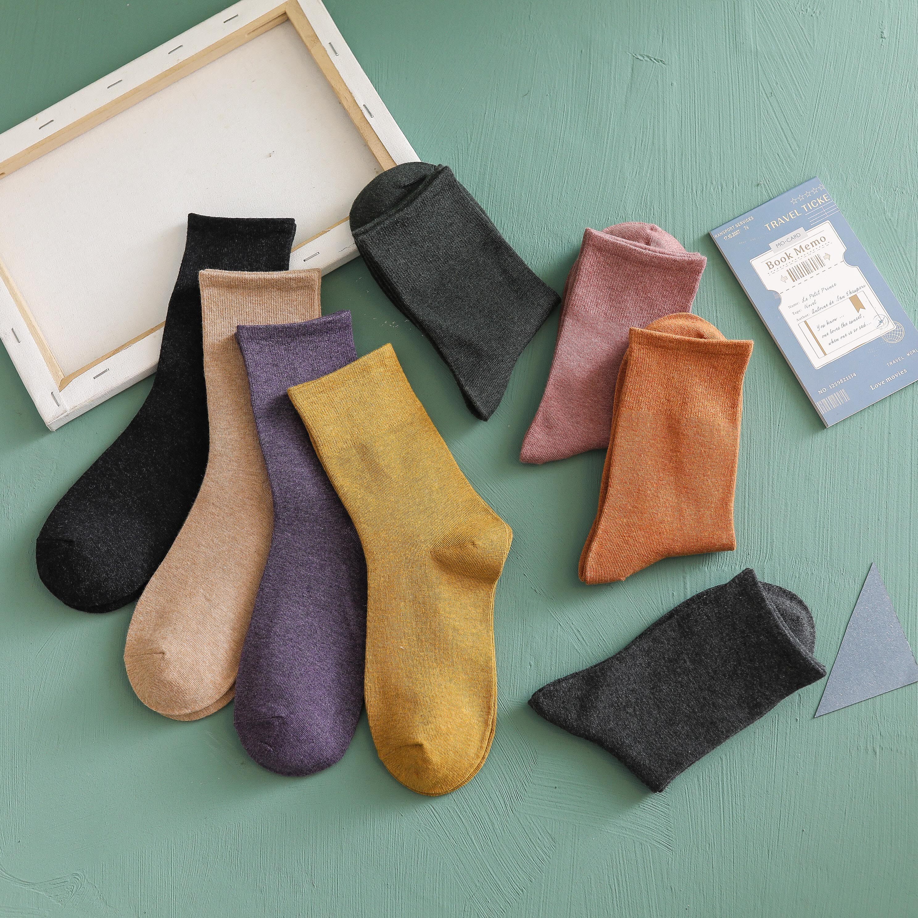 质量好的纯色纯棉袜子女秋冬姜黄色中筒堆堆袜日系不易起球高帮袜