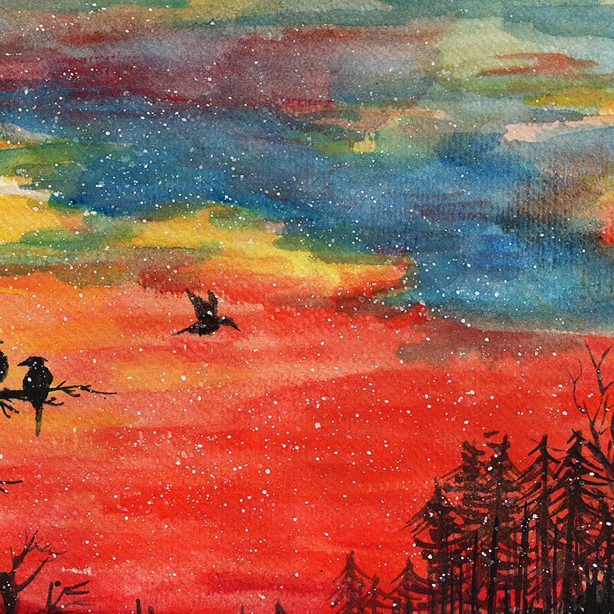 方舒辰《红霞满天》水彩画