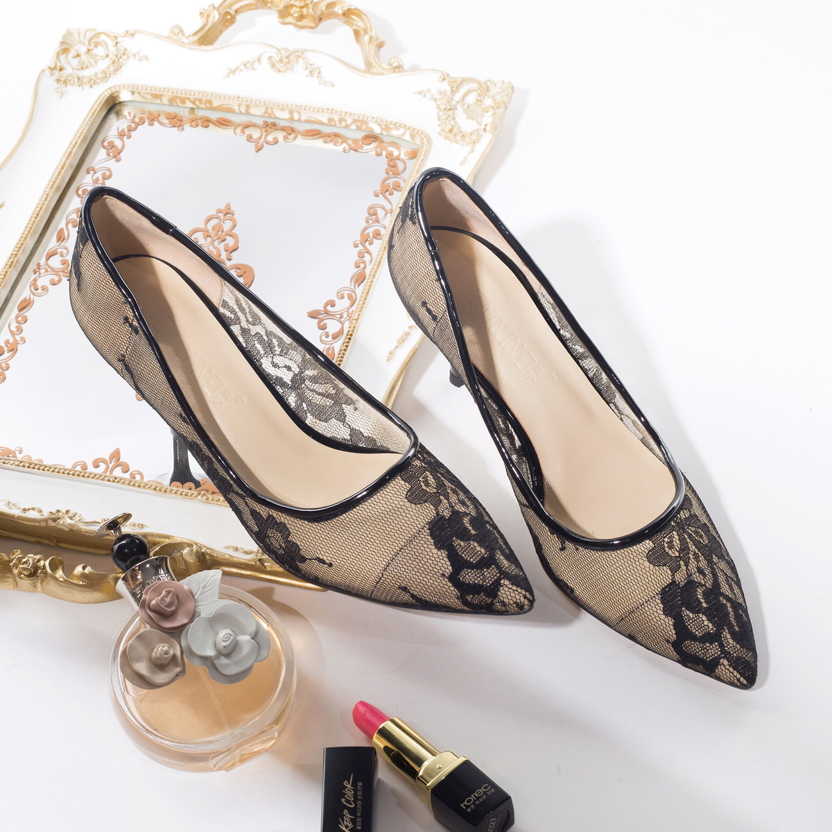 2021夏新款黑色蕾丝高跟鞋女细跟性感镂空网纱礼服鞋5cm中跟单鞋