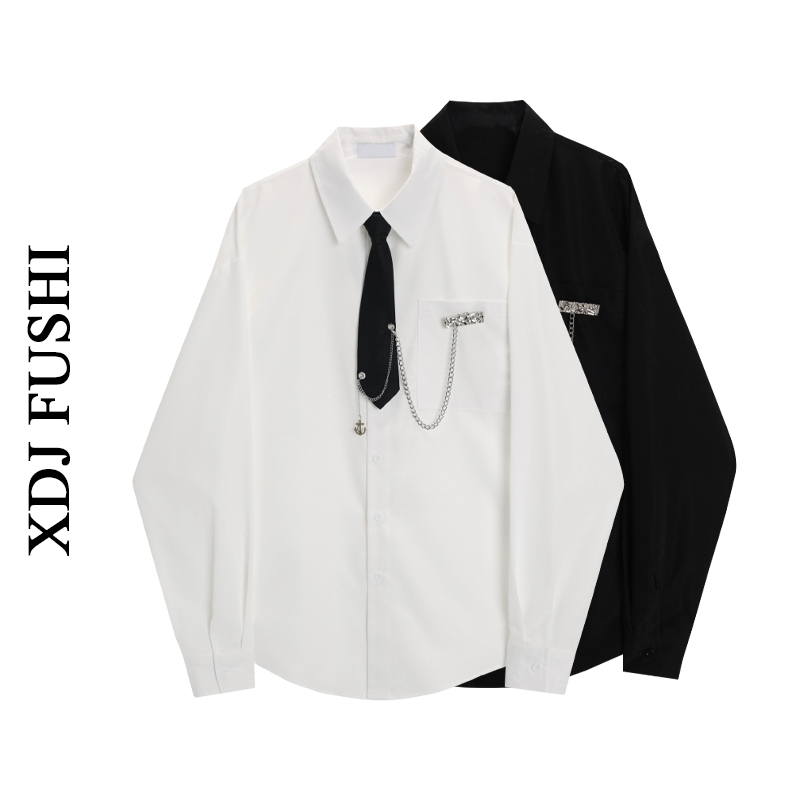 美式高街痞帅白色领带长袖衬衫女春秋季小众设计高级感休闲衬衣